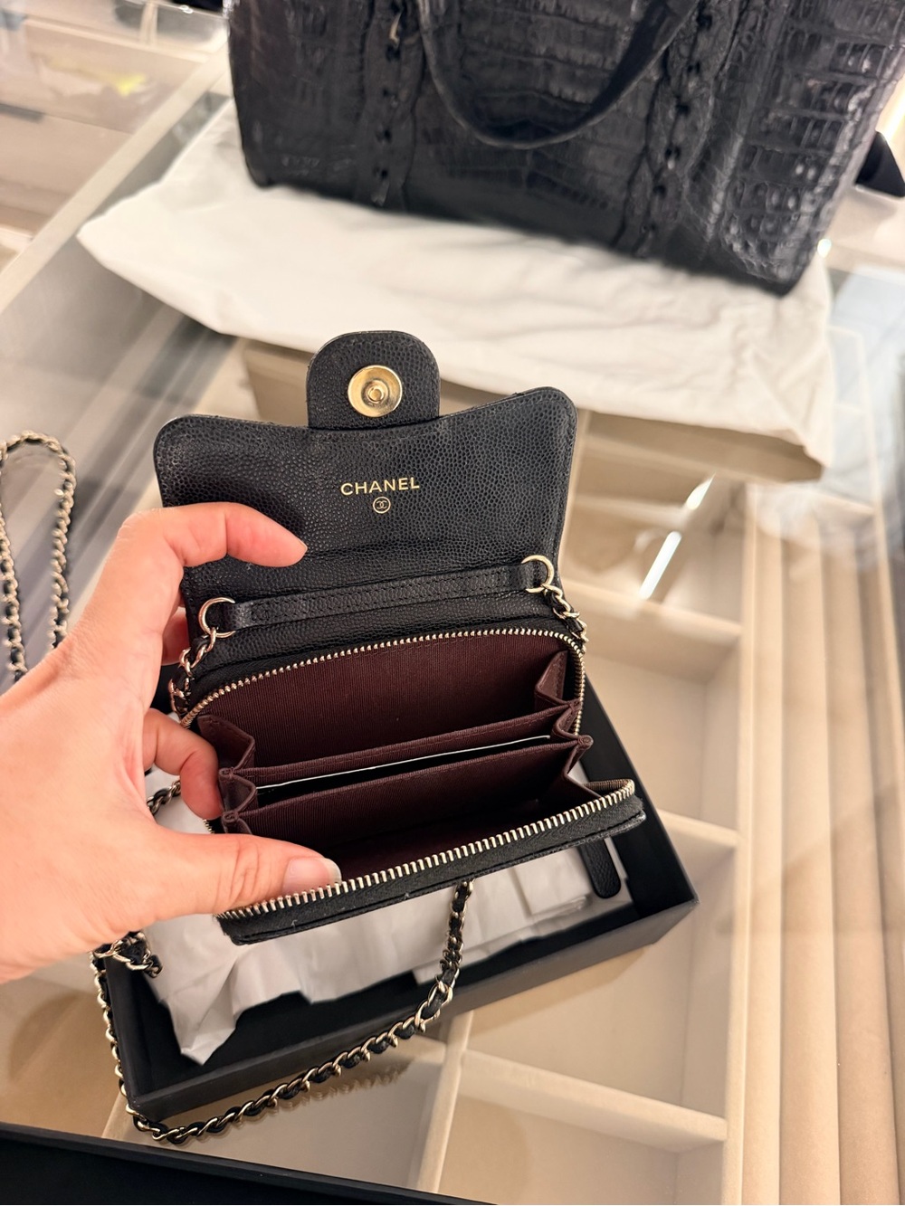 Authentic Chanel Black Quilted Caviar Leather Mini wallet on chain strap. w box! - Picture 5 of 6